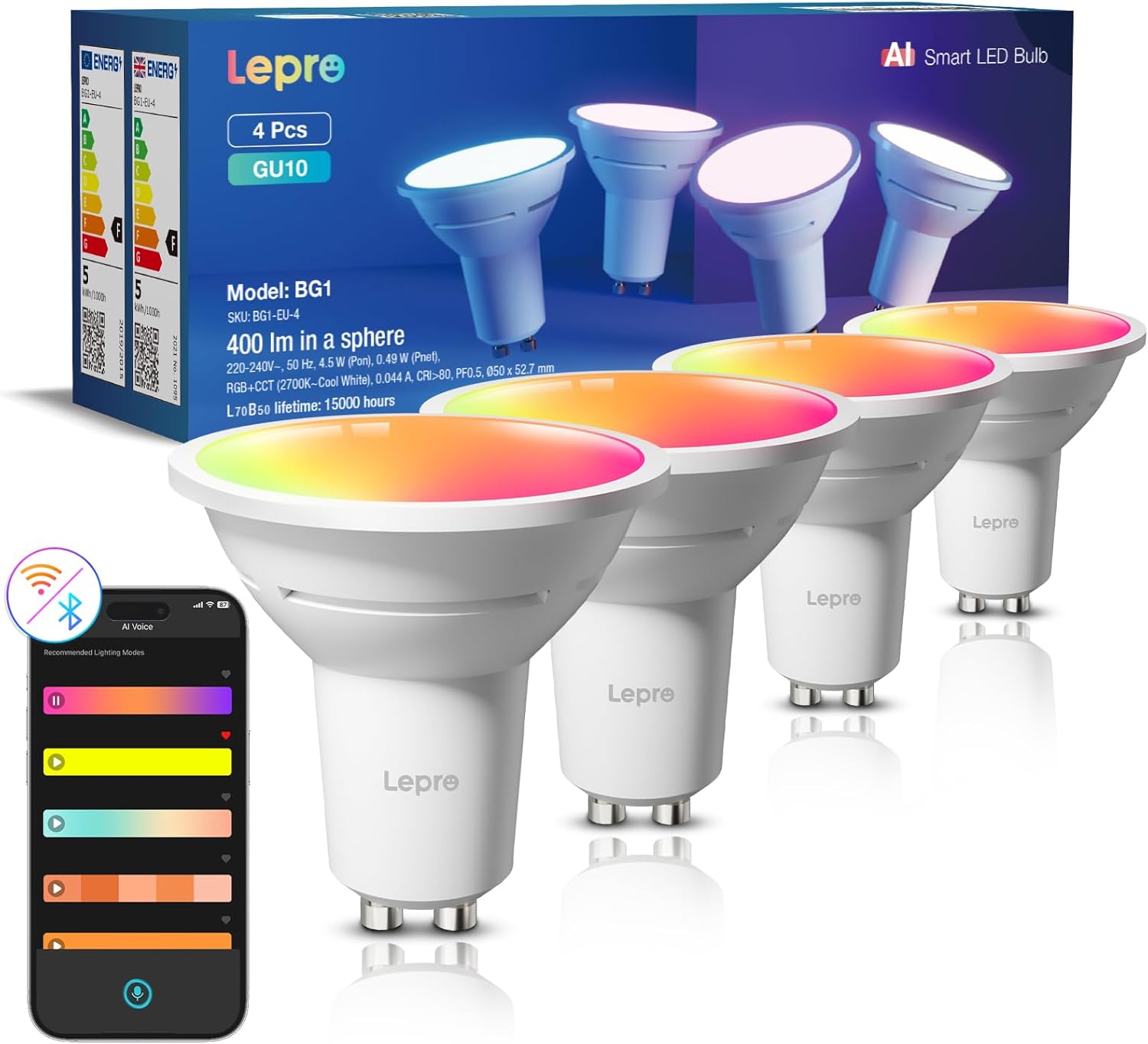 Lepro BG1 AI Smart Bulb GU10, Music Sync, Voice Control WiFi Bulbs, 400LM RGBCCT Dimmable Colour Changing LED Bulbs, Works with Alexa & Google Assistant, AI Lighting Design Assistant, 4 Packs
