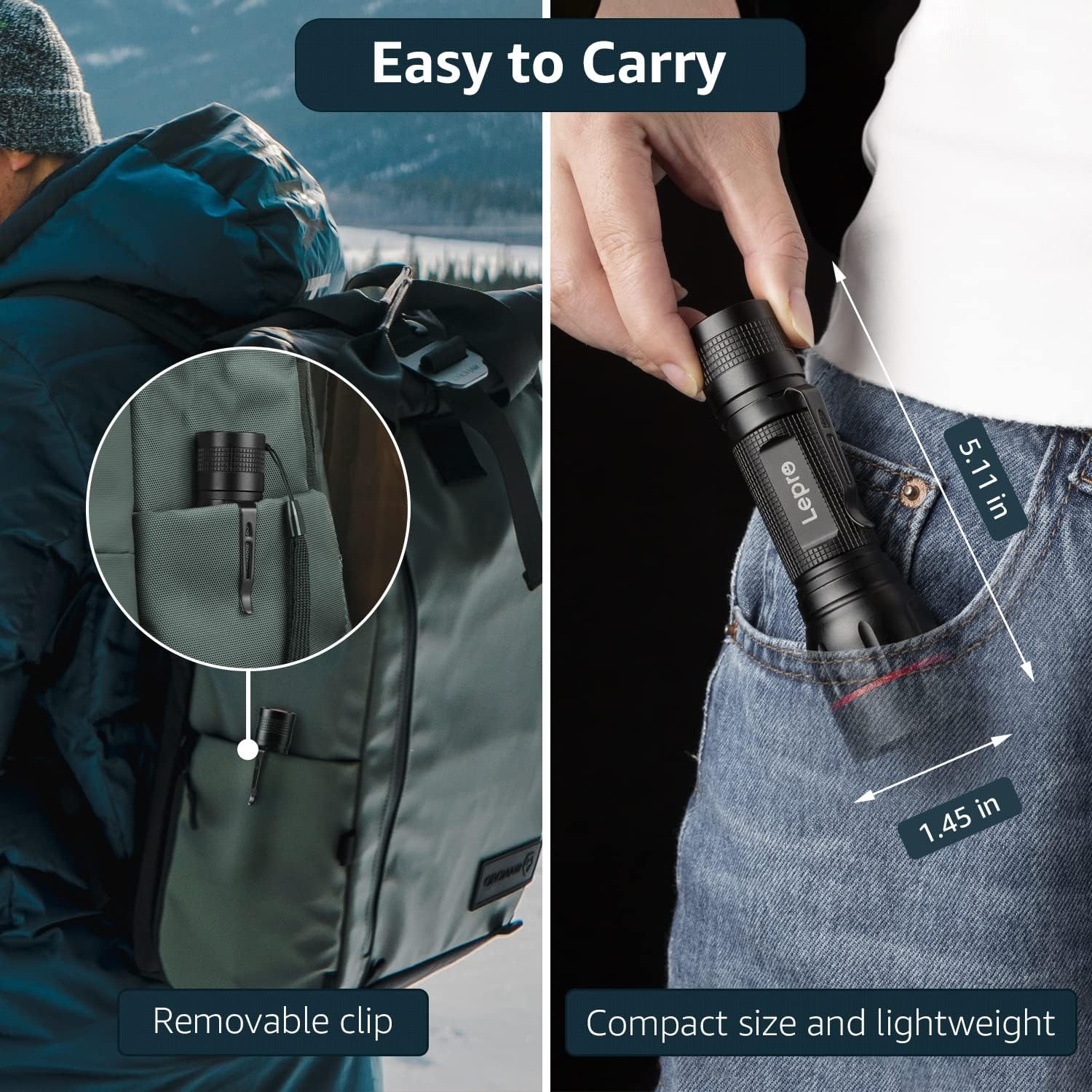 Lepro LED Torch with Clip, LE2050 Super Bright Flashlight, 5 Modes, Zoomable, Waterproof, Handheld, Lightweight, Powered AAA Battery, for Camping, Outdoor Indoor Emergency Use, Dog Walking, 2 Pack