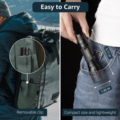 Lepro LED Torch with Clip, LE2050 Super Bright Flashlight, 5 Modes, Zoomable, Waterproof, Handheld, Lightweight, Powered AAA Battery, for Camping, Outdoor Indoor Emergency Use, Dog Walking, 2 Pack