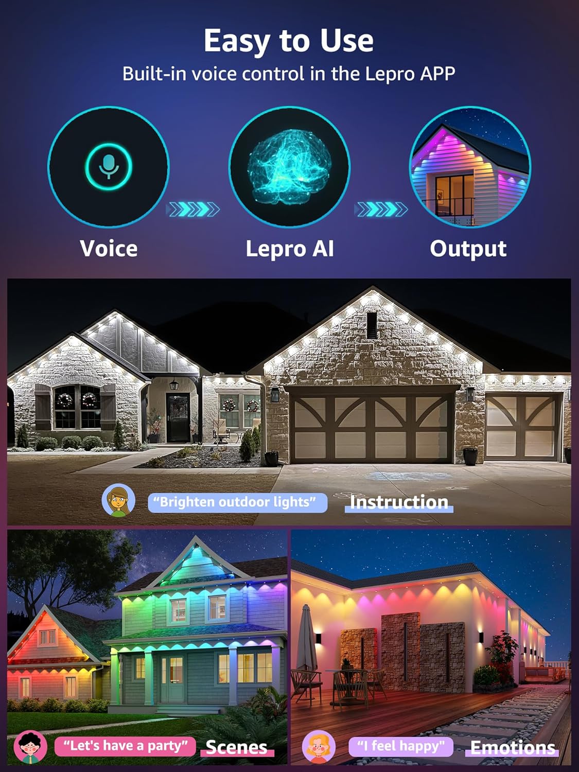 Lepro E1 AI Permanent Outdoor Lights 15m, Smart Outdoor Lights Waterproof, Tunable White, AI Lighting Design Assistant, Colour Changing Eaves Lights, Works with Alexa, 2.4G WiFi & Bluetooth, No Remote