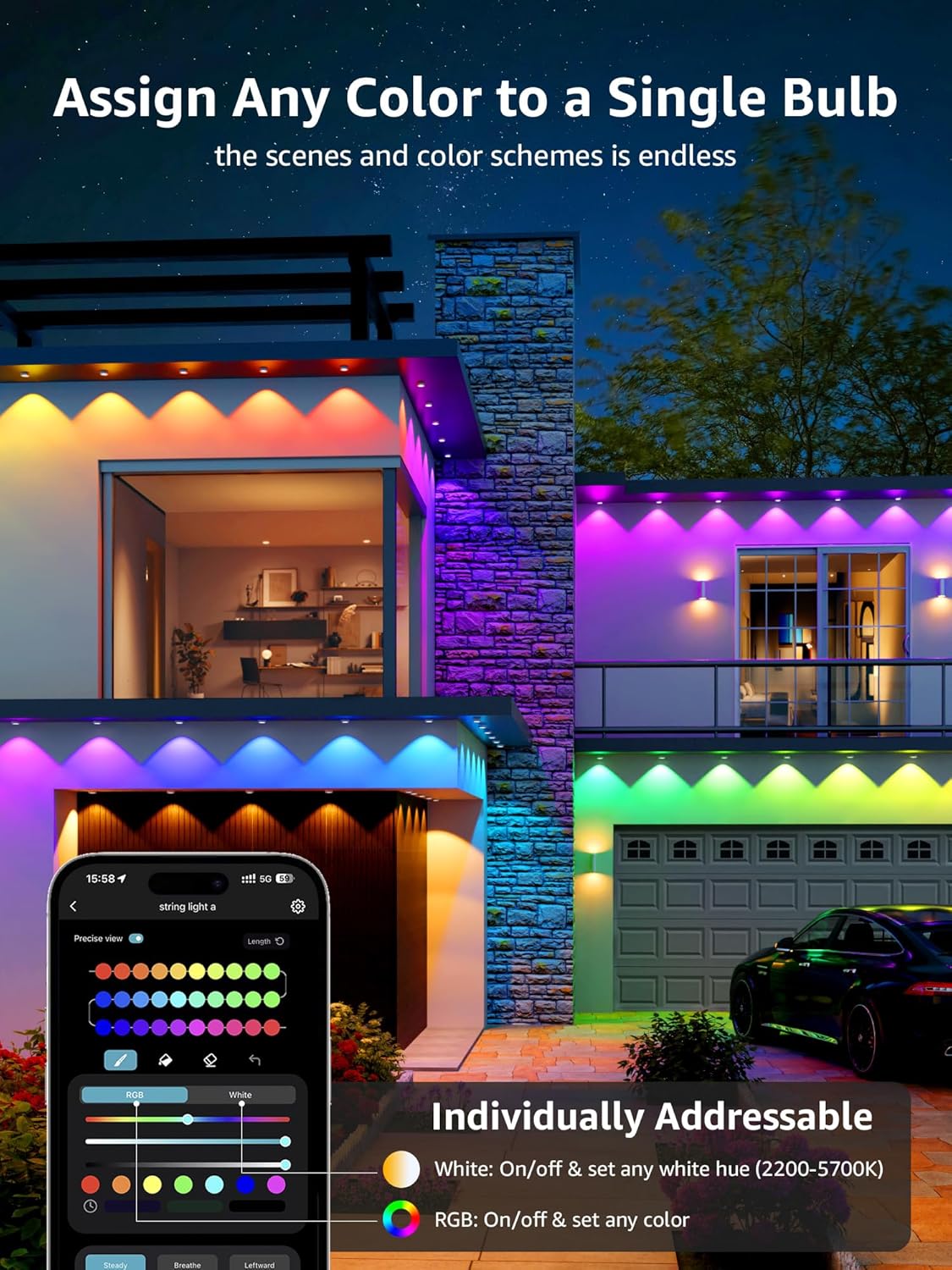 Lepro E1 AI Permanent Outdoor Lights 30m, Smart Outdoor Lights Waterproof, Tunable White, AI Lighting Design Assistant, Colour Changing Eaves Lights, Works with Alexa, 2.4G WiFi & Bluetooth, No Remote